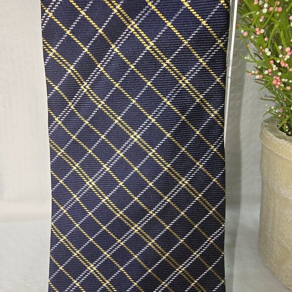 LAUREN RALPH LAUREN HAND FINISHED IMPORTED SILK TIE BLUE WITH GOLD PLAID EUC - Picture 3 of 7